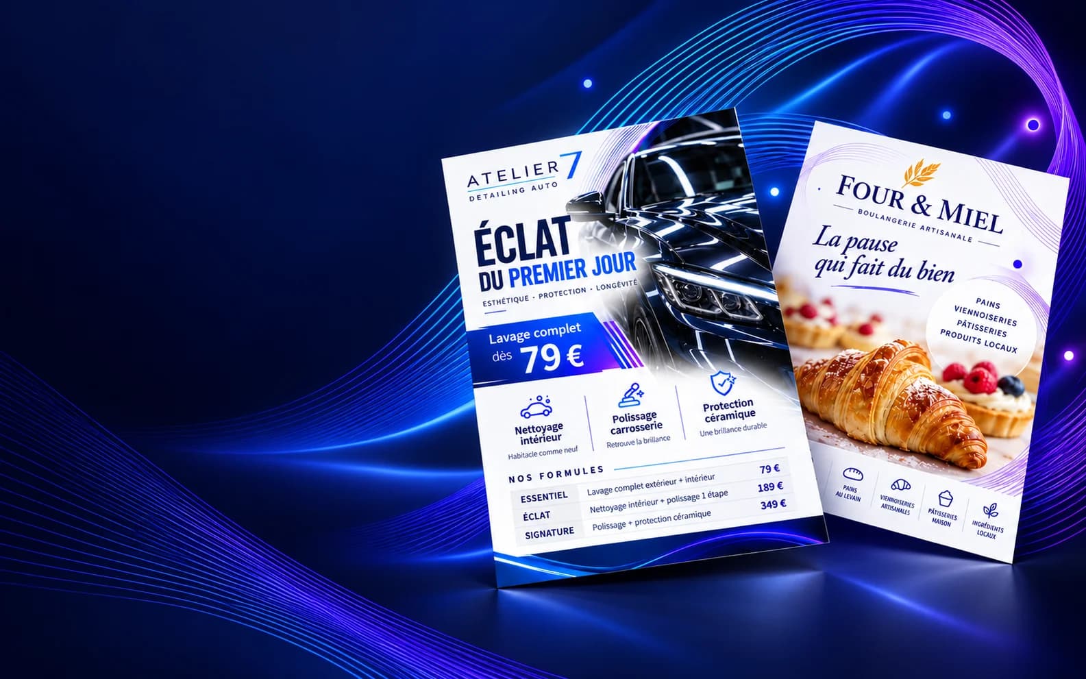 Deux exemples fictifs de flyers : un flyer de detailing automobile et un flyer de boulangerie artisanale