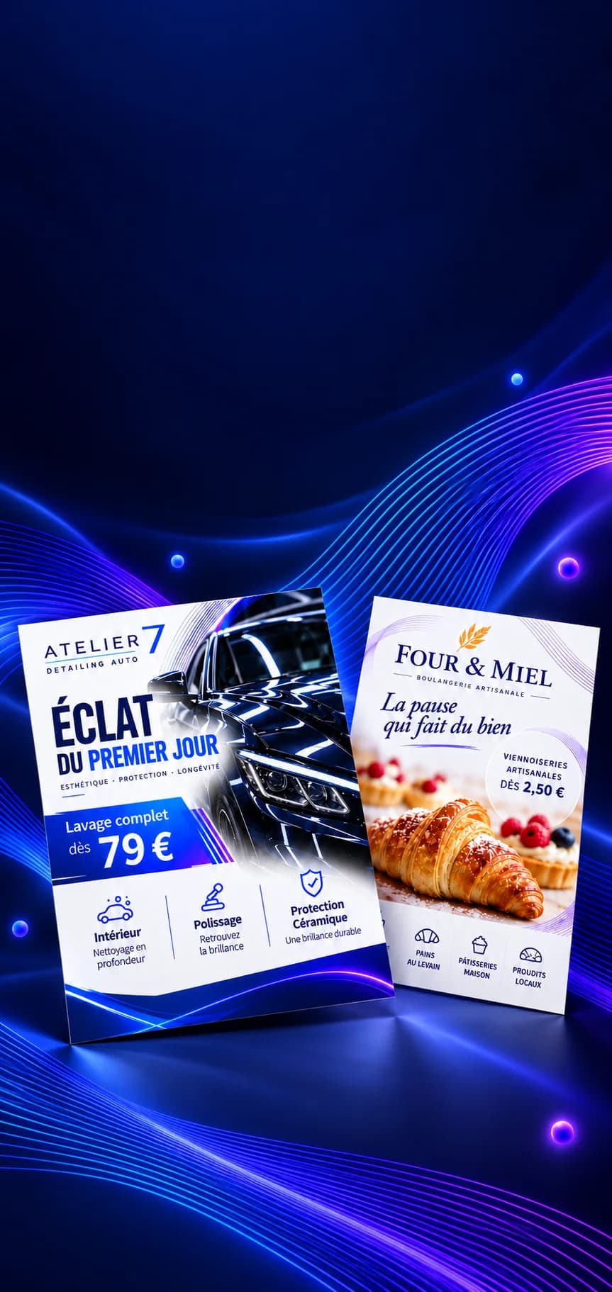 Deux exemples fictifs de flyers : un flyer de detailing automobile et un flyer de boulangerie artisanale