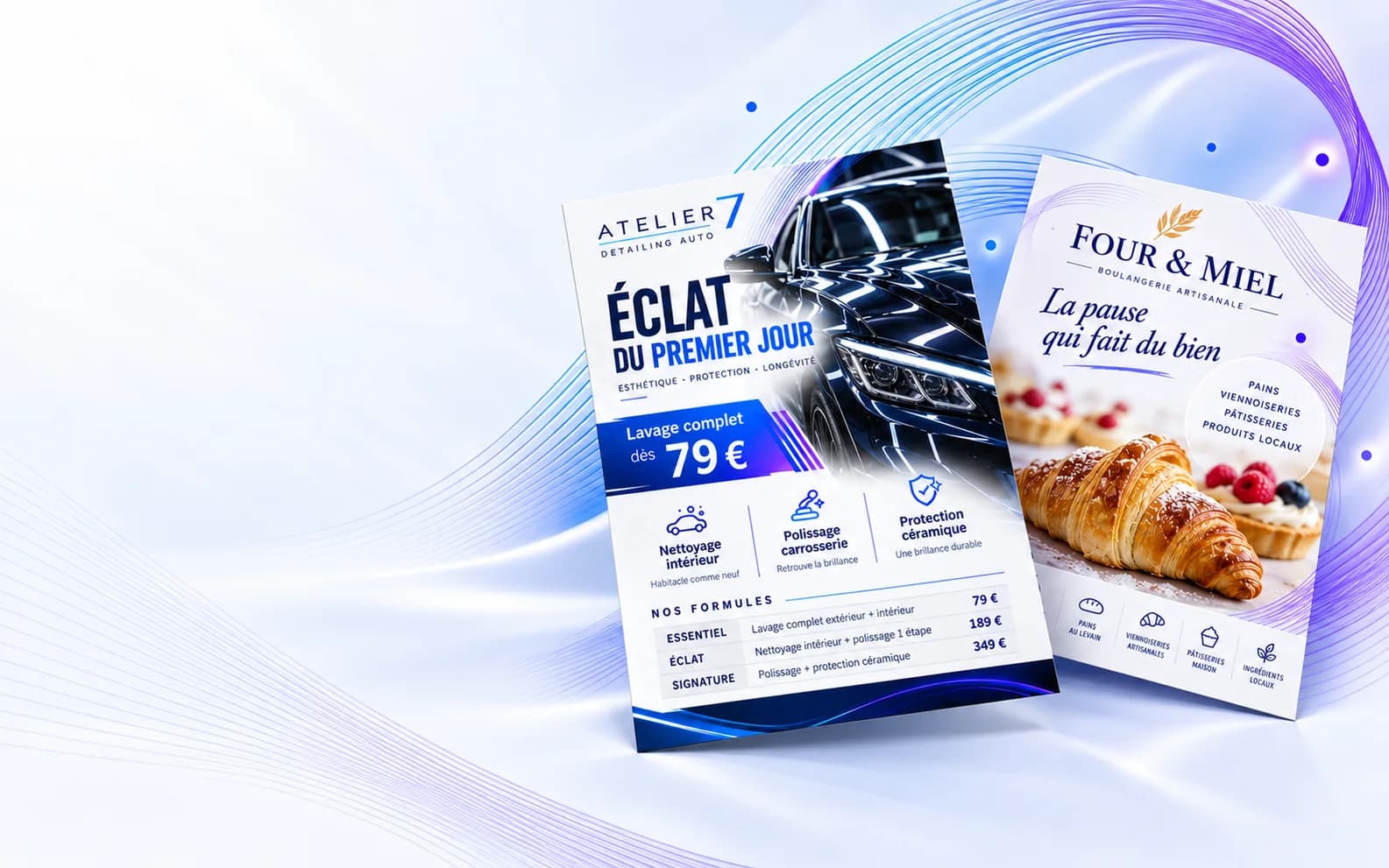 Deux exemples fictifs de flyers : un flyer de detailing automobile et un flyer de boulangerie artisanale
