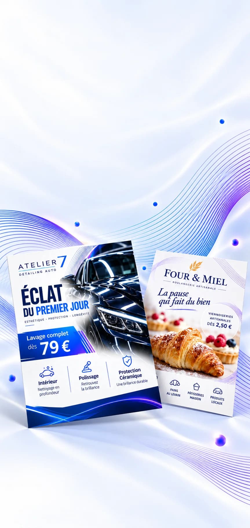 Deux exemples fictifs de flyers : un flyer de detailing automobile et un flyer de boulangerie artisanale