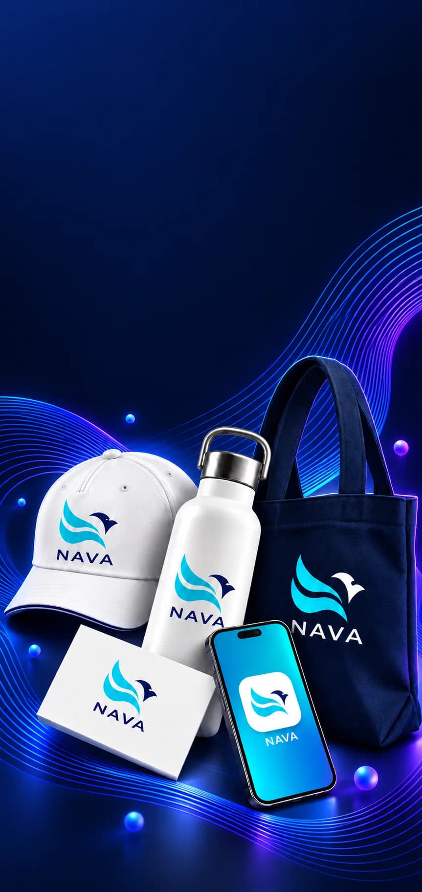 Une même identité de marque, NAVA, déclinée sur une casquette, une gourde, un tote bag, une carte et un téléphone