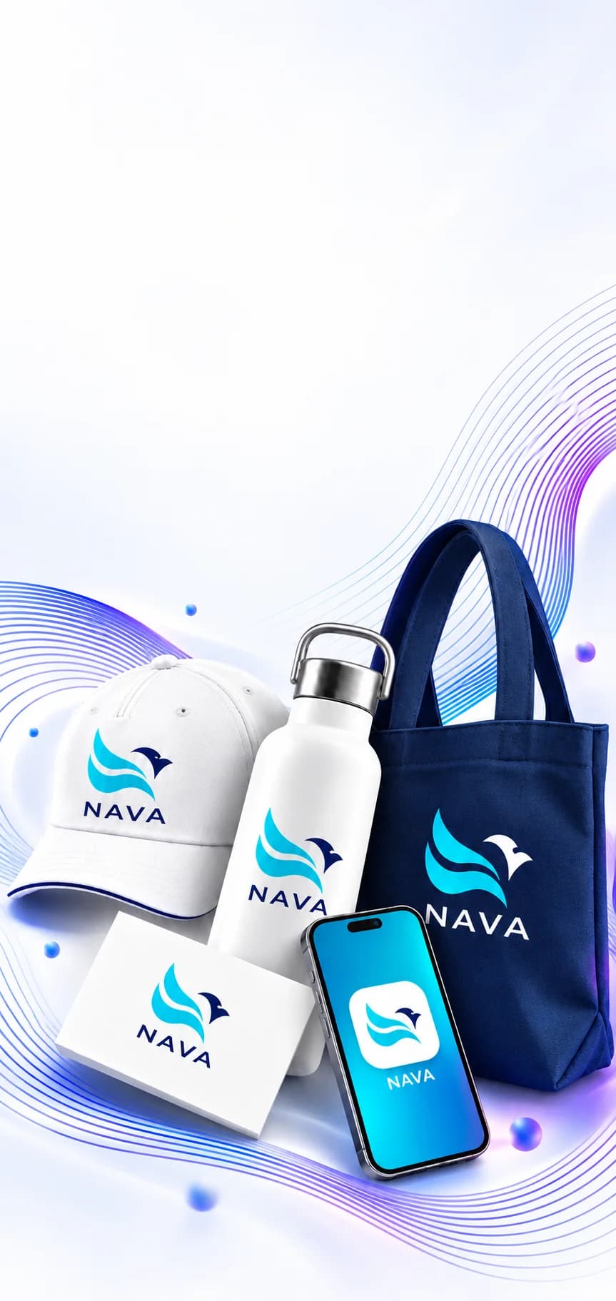 Une même identité de marque, NAVA, déclinée sur une casquette, une gourde, un tote bag, une carte et un téléphone